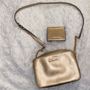 Gold Michael Kors Crossbody Purse and Wallet Bundle